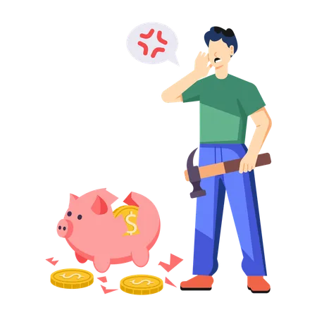 Man holding axe while burst piggy bank  Illustration