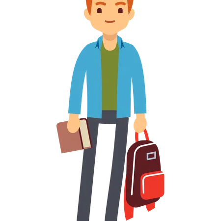 Man holding bag and book in hand  Illustration