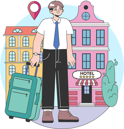 Man holding bag and reached hotel  Illustration