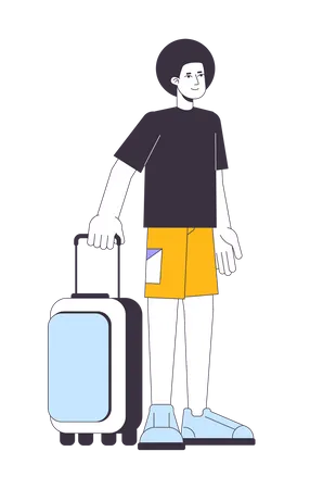Afro Hair Man Holding Baggage Flat Line Color Vector Character Editable Outline Full Body Person On White Traveler Standing With Luggage Simple Cartoon Spot Illustration For Web Graphic Design Illustration