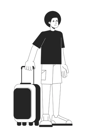Afro Hair Man Holding Baggage Flat Line Black White Vector Character Editable Outline Full Body Person Traveler Standing With Luggage Simple Cartoon Isolated Spot Illustration For Web Graphic Design Illustration