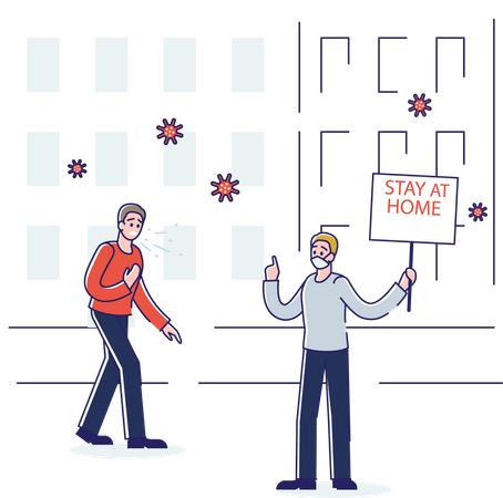 Man holding banner saying Stay At Home  Illustration