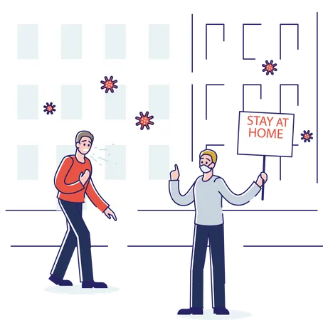 Man holding banner saying Stay At Home  Illustration