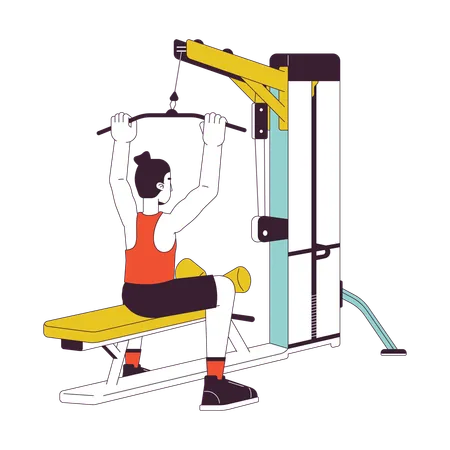 Man Holding Bar On Lat Pulldown Machine Flat Line Color Vector Character Editable Outline Full Body Person On White Engaging Gym Equipment Simple Cartoon Spot Illustration For Web Graphic Design Illustration