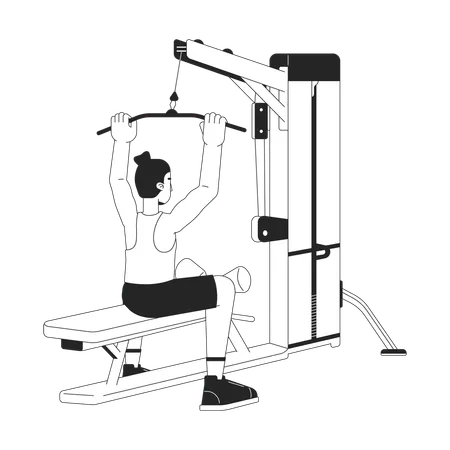 Man Holding Bar On Lat Pulldown Machine Flat Line Black White Vector Character Editable Outline Full Body Person Engaging Gym Equipment Simple Cartoon Isolated Spot Illustration For Web Design Illustration