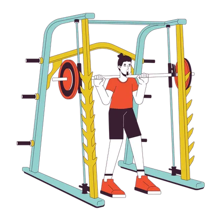 Man Holding Barbell In Smith Machine Flat Line Color Vector Character Editable Outline Full Body Person On White Performing Powerlifting Simple Cartoon Spot Illustration For Web Graphic Design Illustration