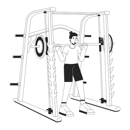 Man Holding Barbell In Smith Machine Flat Line Black White Vector Character Editable Outline Full Body Person Performing Powerlifting Simple Cartoon Isolated Spot Illustration For Web Design Illustration