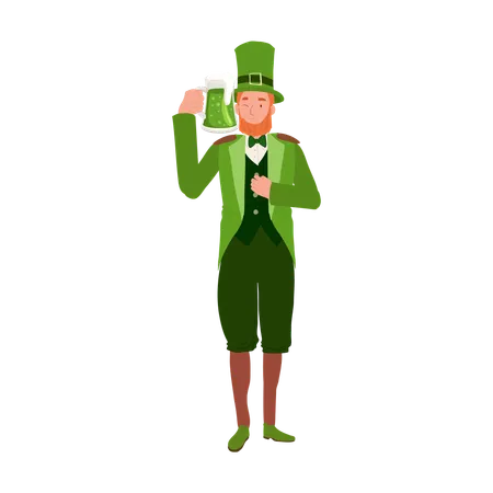 St Patricks Day Celebration With Man In Leprechaun Costume Holding Beer Mug Illustration