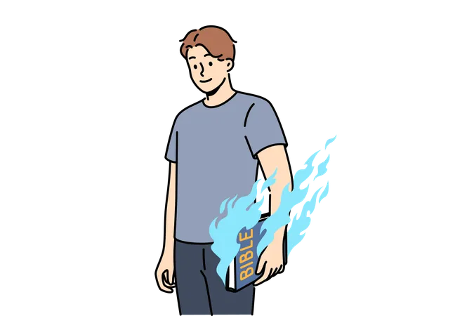 Man Holds Bible And Feels Magical Energy Emanating From Religious Book With Old Testament Or Prayers Burning Bible In Hands Of Guy Who Wants To Destroy Symbol Of Catholicism Or Christianity Illustration