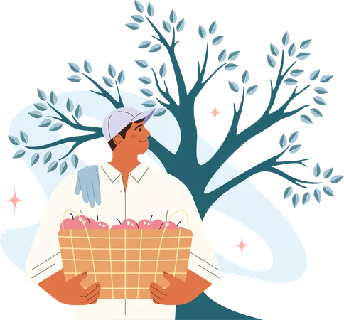 Man  holding  big basket with harvest.  Illustration