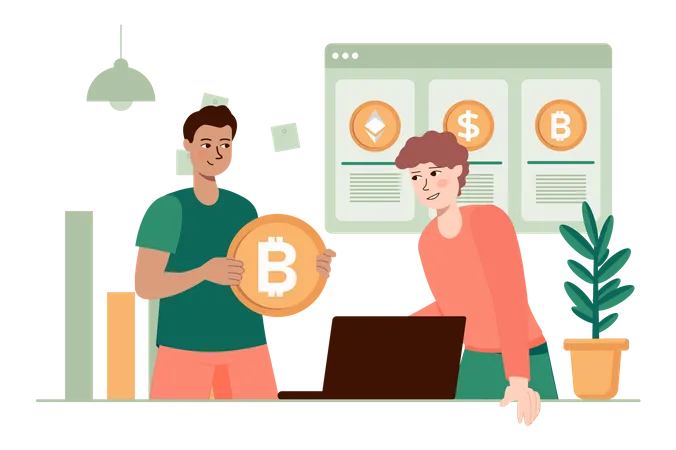Man holding bitcoin and investing in stock market  Illustration