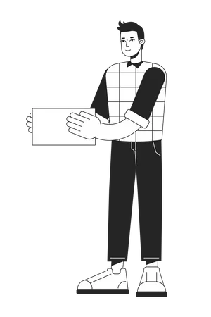 Smiling Man Holding Block Monochromatic Flat Vector Character Linear Hand Drawn Sketch Editable Full Body Person Simple Black And White Spot Illustration For Web Graphic Design And Animation Illustration