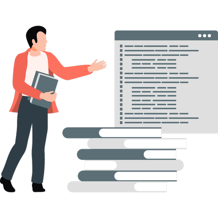 Man holding book and looking website  Illustration