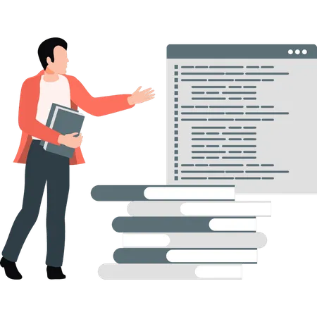 Man holding book and looking website  Illustration