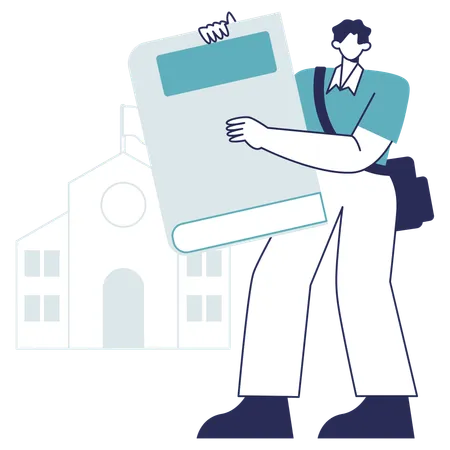 Man holding book while standing out of Library  Illustration