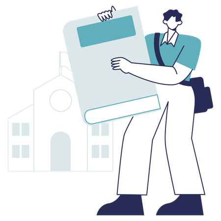 Man holding book while standing out of Library  Illustration