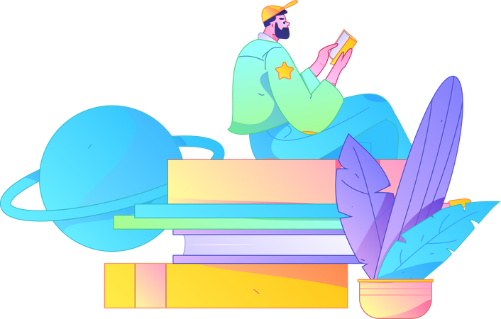 Man holding book whilereading book  Illustration