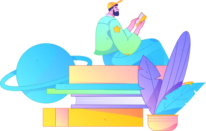 Man holding book whilereading book  Illustration