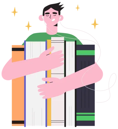 Man holding books in her hands and listening and reading them online Illustration