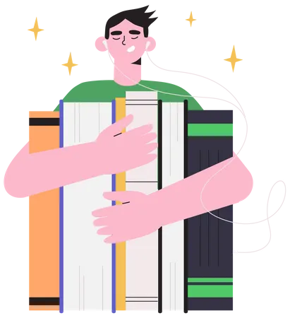 Man holding books in her hands and listening and reading them online  Illustration