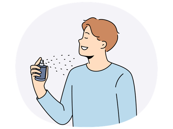 Man holding bottle of perfume and uses it before date with girl to exude good scent  Illustration