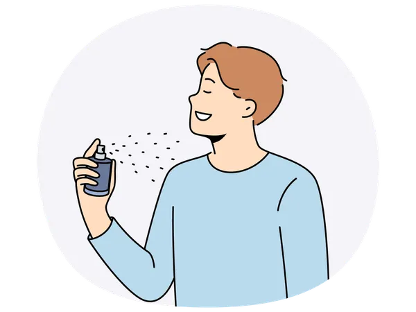 Man holding bottle of perfume and uses it before date with girl to exude good scent  Illustration