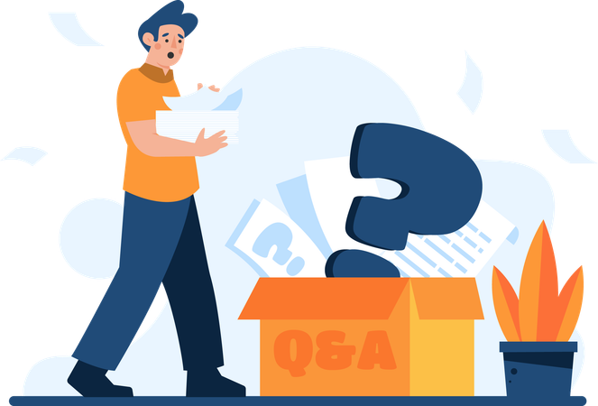 Man holding box while containing question and answer papers  Illustration