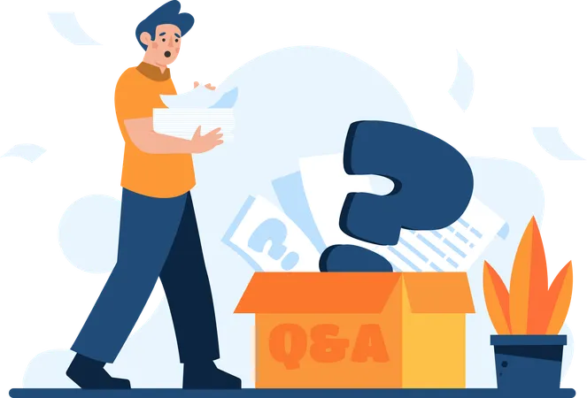 Man holding box while containing question and answer papers  Illustration