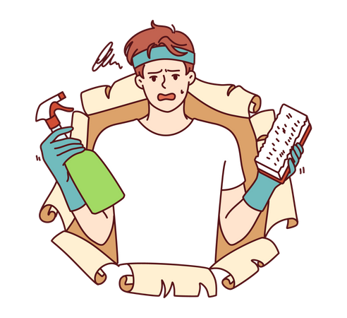 Man holding brush and sprayer bottle  Illustration