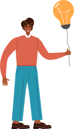 Man holding bulb while getting idea  Illustration