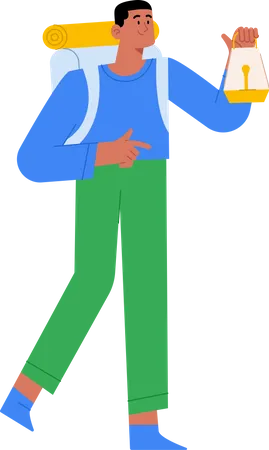 Man holding camping lantern  Illustration