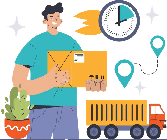 Man holding cargo while provide express delivery  イラスト