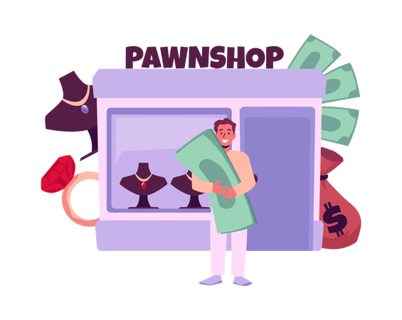 Man holding cash money and jewelry give as collateral  Illustration