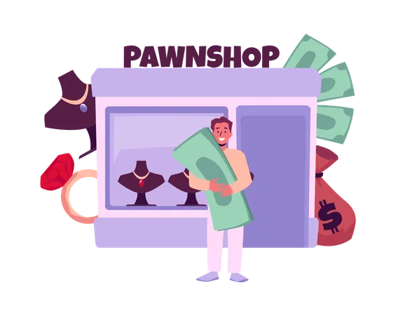 Man holding cash money and jewelry give as collateral  Illustration