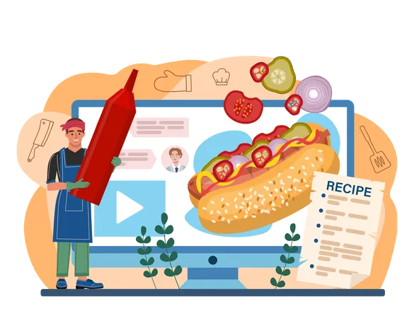 Hot Dog Online Service Or Platform Unhealthy Fast Food Cooking American Snack With Ketchup And Mustard Bun And Sausage Online Recipe Flat Vector Illustration 일러스트레이션