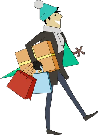 Winter Holidays Concept Vector Flat Style Man In Winter Clothes Walking With Gifts And Christmas Tree In Hands Christmas And New Year Celebrating Buying Presents For Family Holiday Shopping Illustration
