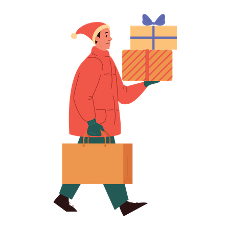 Man holding Christmas gifts Illustration