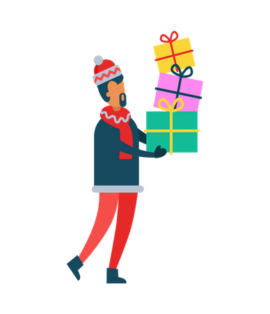 Man Holding Christmas Present Boxes Piles of Gifts  Illustration