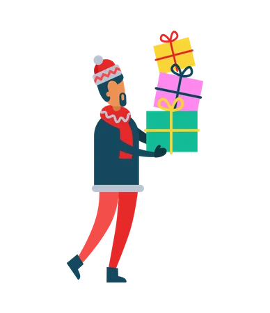 Man Holding Christmas Present Boxes Piles of Gifts  Illustration