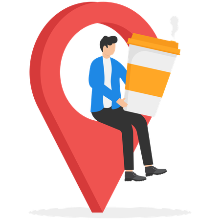 Man holding coffee cup for take away on giant location pin  Illustration