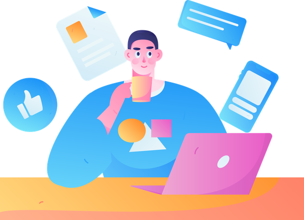 Man holding coffee cup while looking Web Based Application Form  Illustration