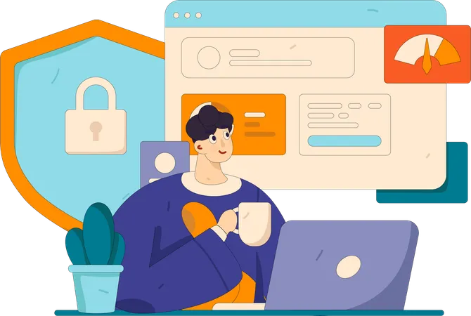 Man holding coffee while working data protection  Illustration