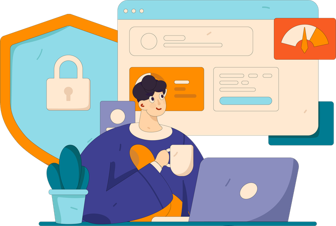 Man holding coffee while working data protection  Illustration