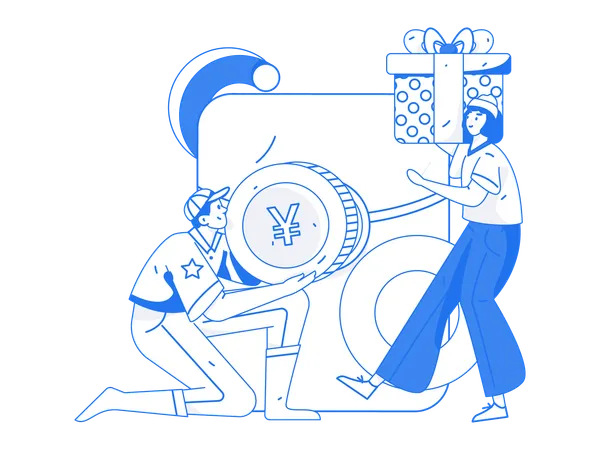 Man holding coin and girl holding gift box  Illustration