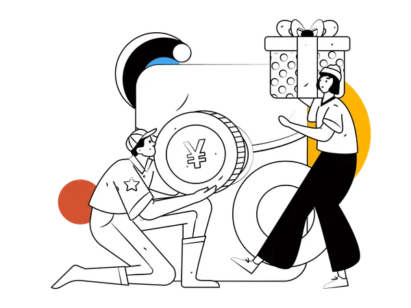 Man holding coin and girl holding gift box  イラスト