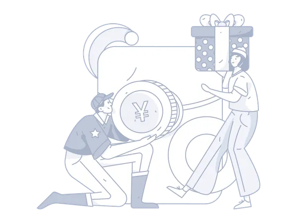 Man holding coin and girl holding gift box  Illustration