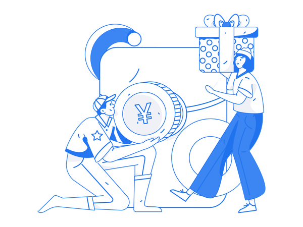 Man holding coin and girl holding gift box  イラスト