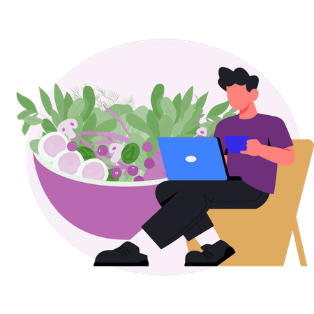 Man  holding cup of tea working on laptop  Illustration