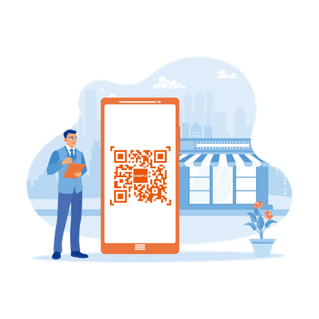 Man Holding Digital Smartphone With QR Code Scanner On Smartphone Screen For Payment  イラスト
