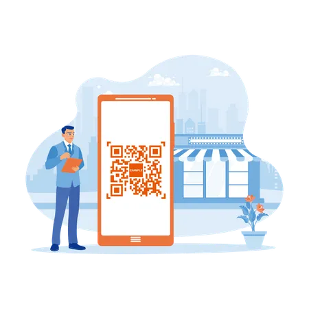 Man Holding Digital Smartphone With QR Code Scanner On Smartphone Screen For Payment  イラスト